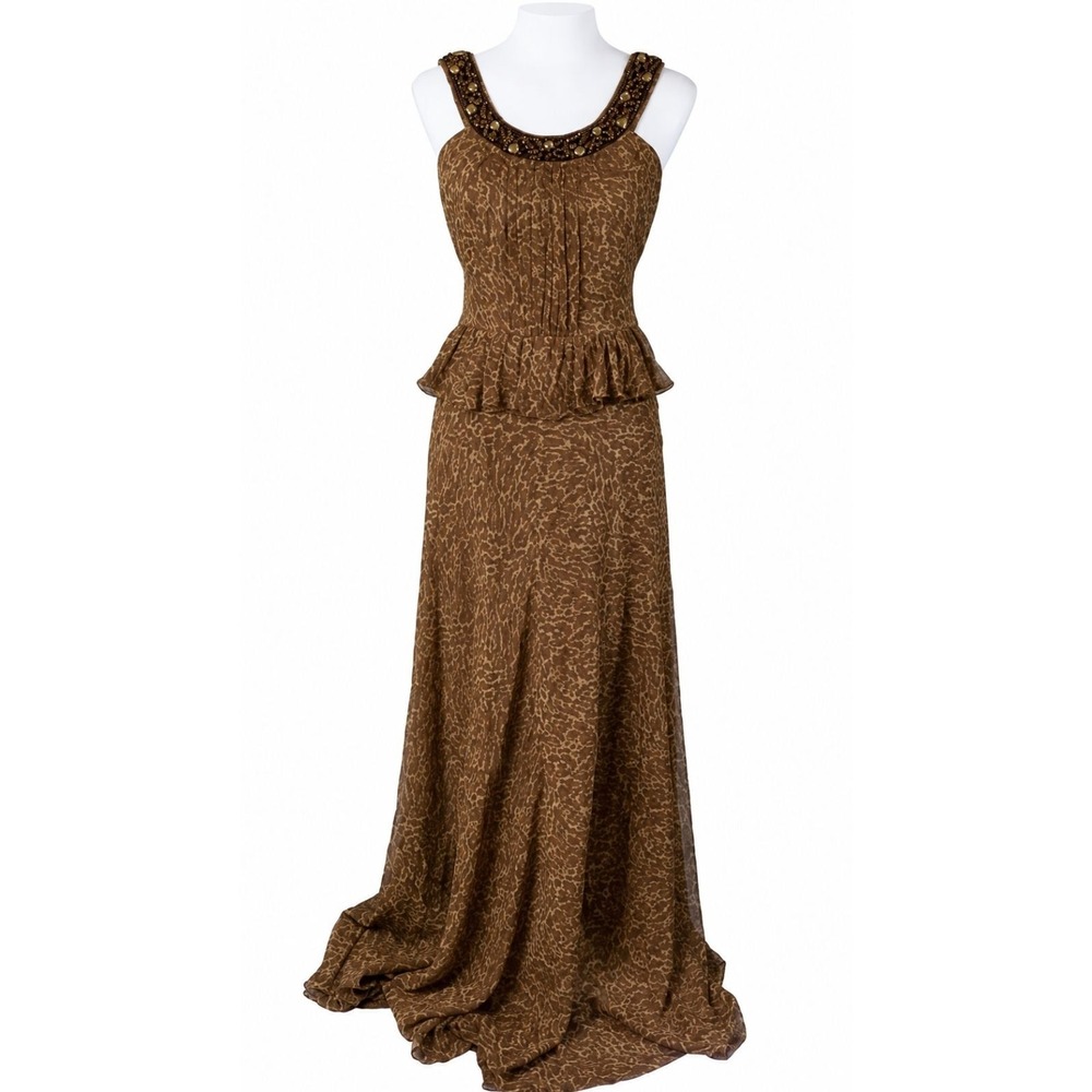 Chetta B Size 6 Womens Silk Formal Dress Animal Print Beaded Brown Maxi Gown